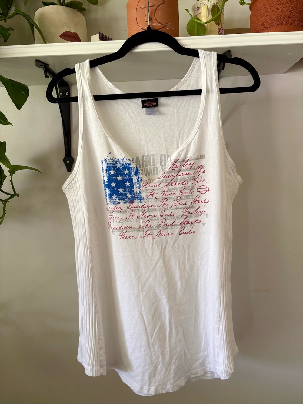Harley-Davidson White Tank with Red Script and Blue Flag Graphic